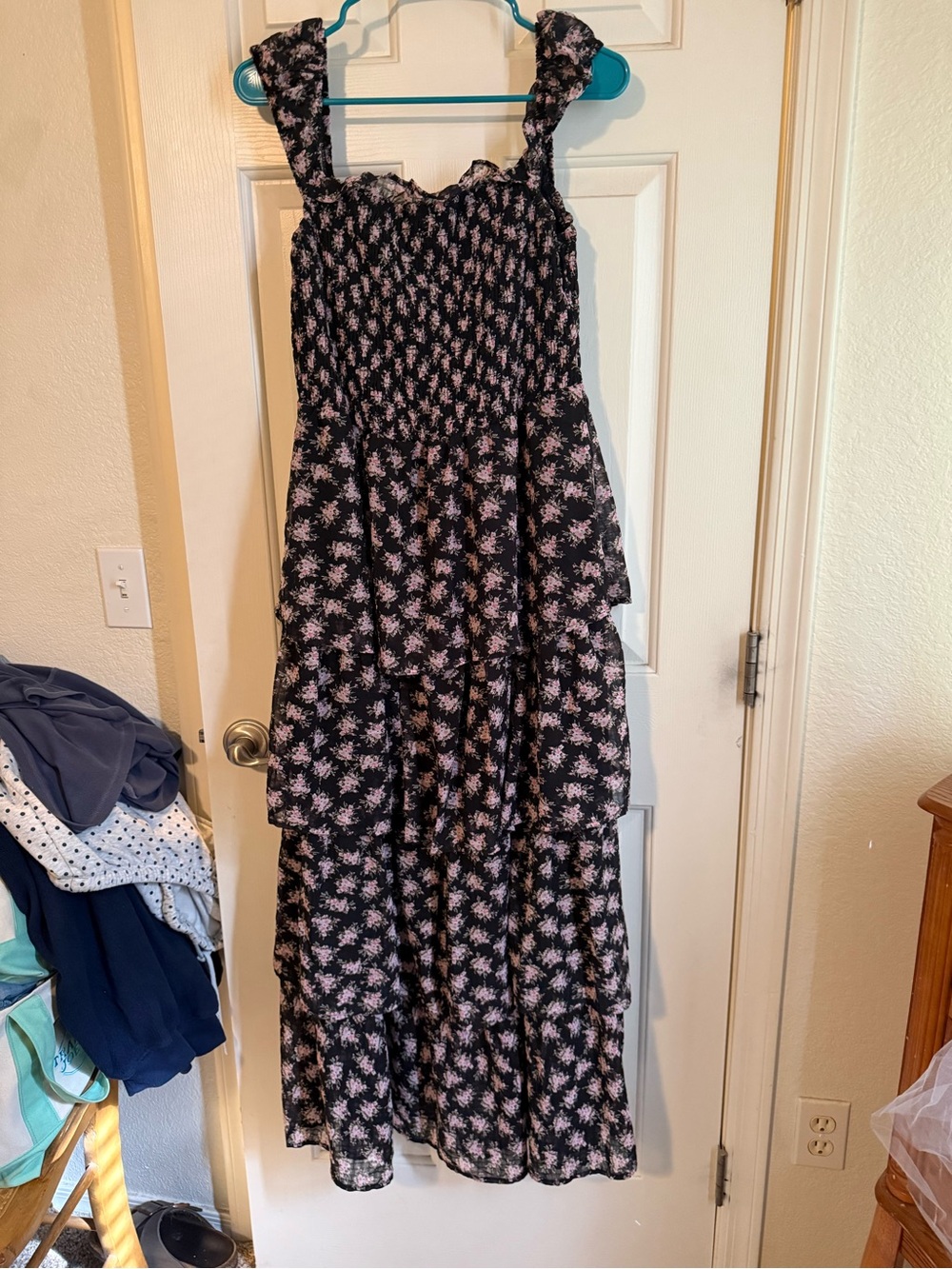 Floral Tiered Maxi Dress - Black with Pink Floral
